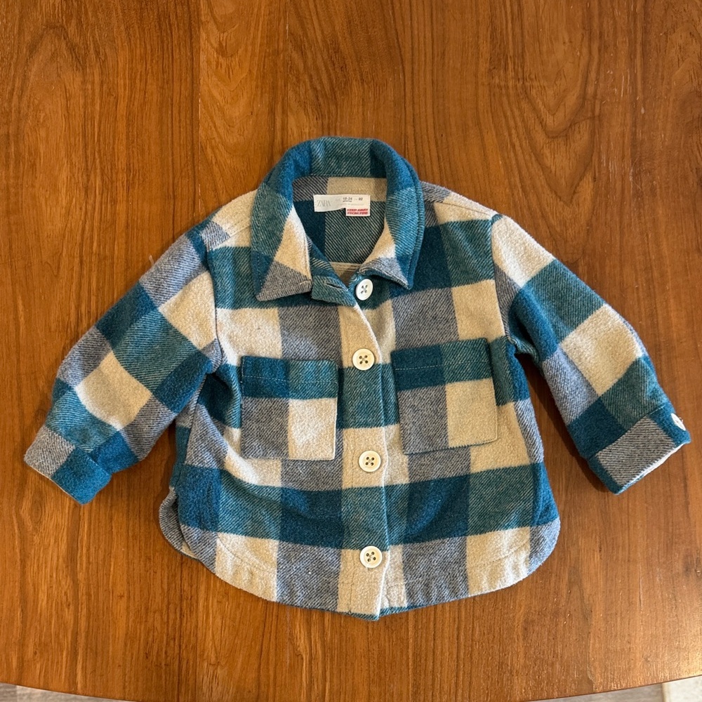 Zara Toddler Plaid Shirt Jacket in Teal & Cream, Size 18-24 months